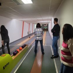 Eine Frau wirft den Ball auf der Kegelbahn, während mehrere Personen das spannende Spiel gespannt verfolgen.