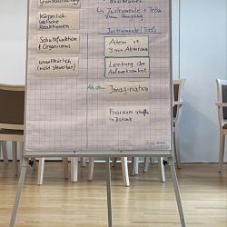 Ein Flipchart im Raum zeigt Notizen zu Emotionen und Emotionsmanagement mit Tipps und Instrumenten.