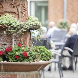 Ein kunstvoller Brunnen mit roten Blumen steht im Vordergrund, während Senioren entspannt auf einer Terrasse sitzen.