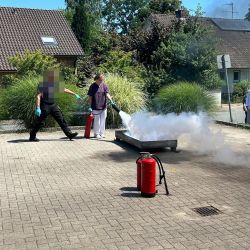 Zwei Personen löschen mit Feuerlöschern ein kontrolliertes Feuer auf einem gepflasterten Platz in einem Wohngebiet.