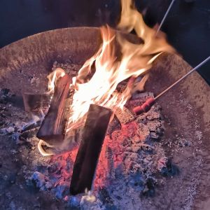 Ein knisterndes Lagerfeuer mit glühenden Holzscheiten und Bratwurst auf Spießen sorgt für eine gemütliche Abendstimmung.
