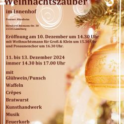 Ein Einladungsplakat für den "Kleinen Weihnachtszauber" im Innenhof zeigt goldene Weihnachtskugeln und Veranstaltungsdetails.