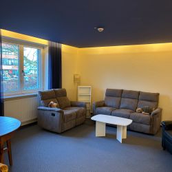 Ein gemütliches Wohnzimmer zeigt zwei graue Sofas mit Kuscheltieren auf den Polstern und einen weißen Tisch dazwischen.