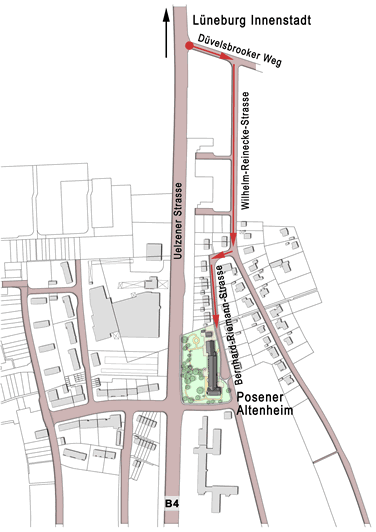 Eine detaillierte Skizze zeigt einen Lageplan mit markierten Straßen und Wegen in einer Innenstadtumgebung.